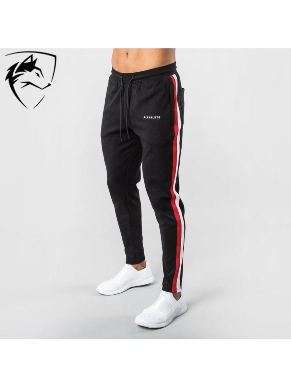 Alphalete Mens Joggers Medium Black Red Stripe Athletic Pants Training Sweat